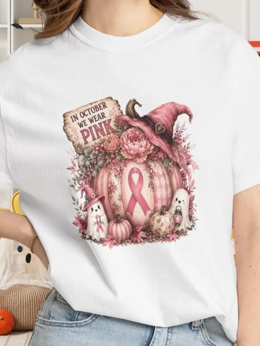 Pumpkin Ghost Tee, In October We Wear Pink Shirt, Cute Halloween Pumpkin Shirt
